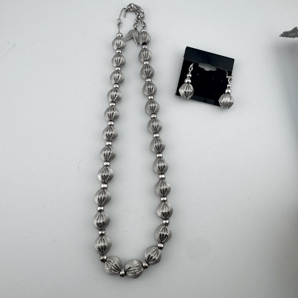 Whiting and Davis Vintage Brushed Silver Bead Necklace And Earring Set
